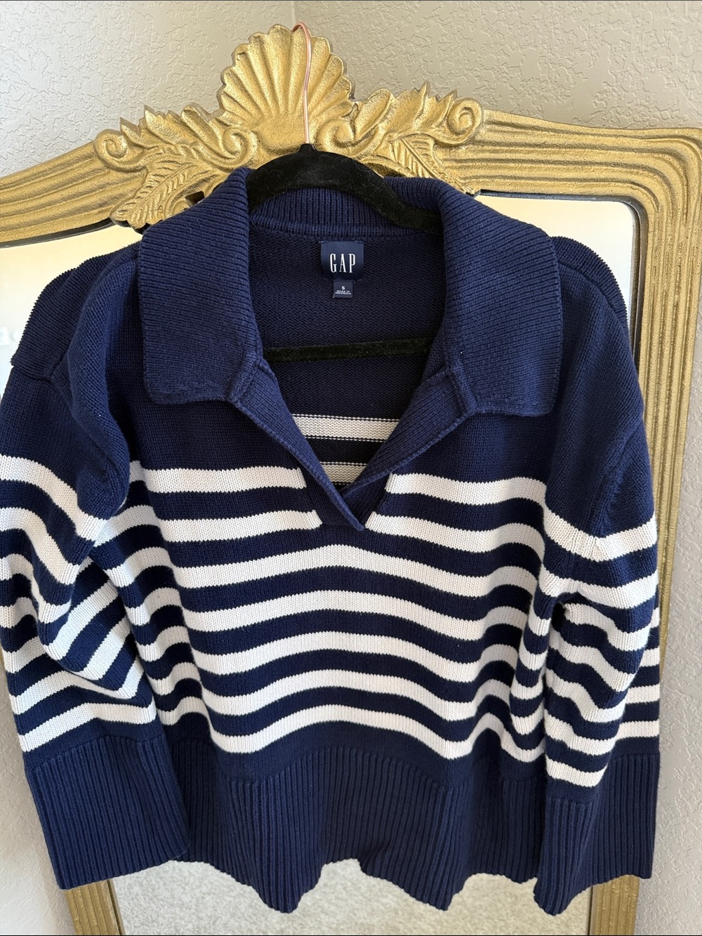 GAP women’s Navy and White Striped V‑Neck Collared Sweater